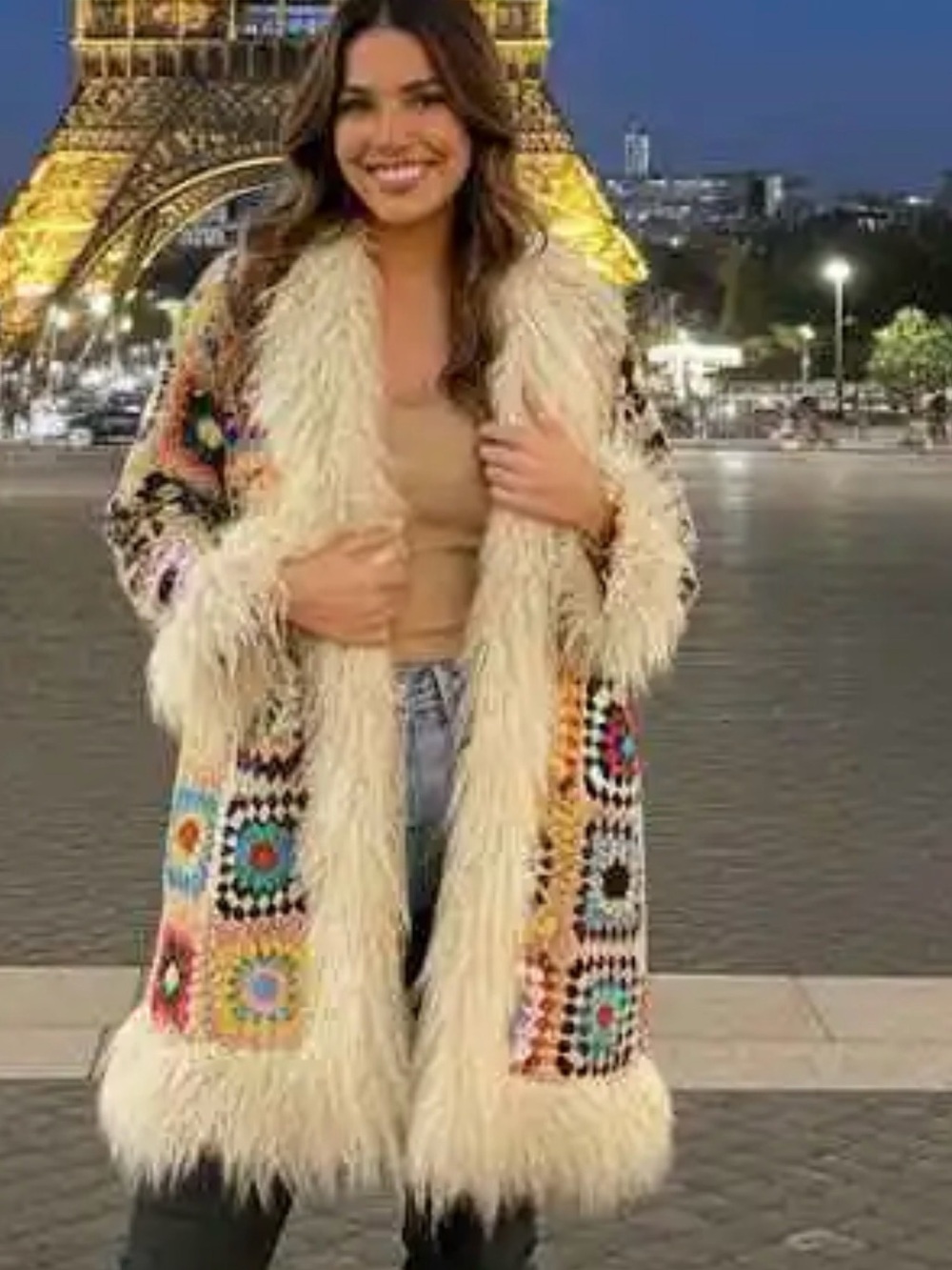 Multicolor Crochet Patchwork Coat with Cream Faux Fur Trim- more pics to come